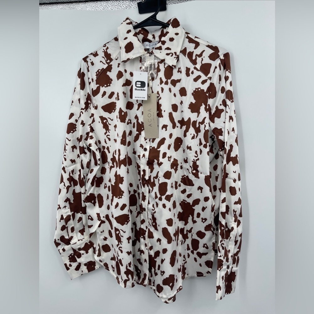 The Buckle Sz Small Acoa Collection Brown & Ivory Button Down Satin Shirt $47